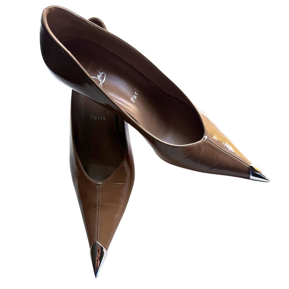 Christian Louboutin Katissima 45 Patent Leather Pumps Sand Silver Toe EU 39